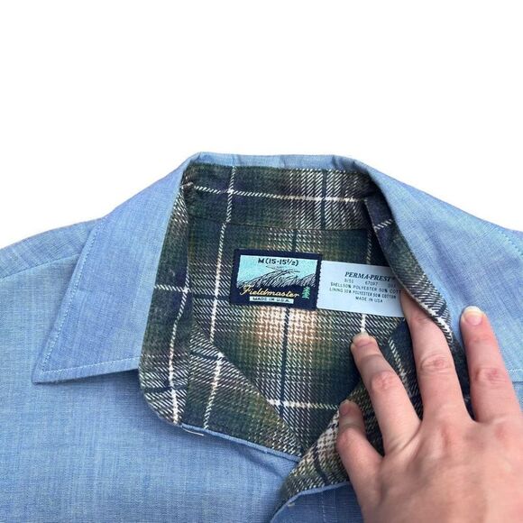VINTAGE FIELDMASTER Perma-Prest Men’s Blue Chambray Flannel Button Up Size M - Picture 4 of 7